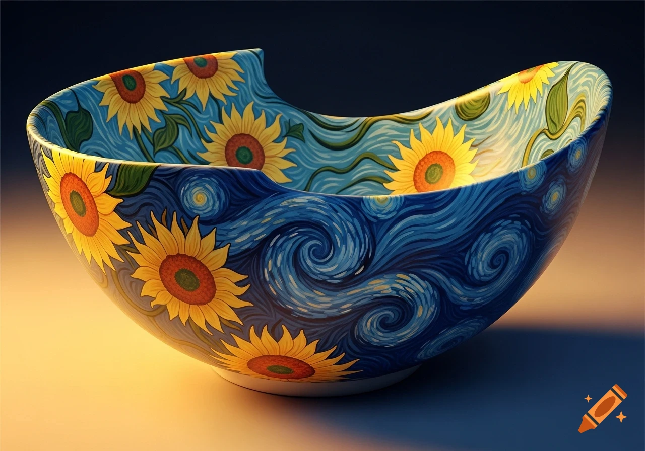 A decorative bowl featuring bright yellow sunflowers and swirling blue patterns in the style of Van Gogh.