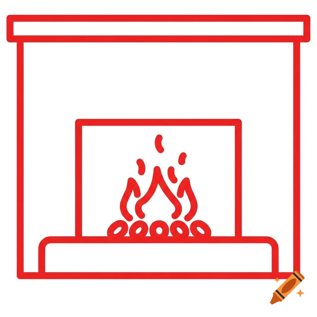 A simple red line art icon of a lit fireplace with logs and flames.