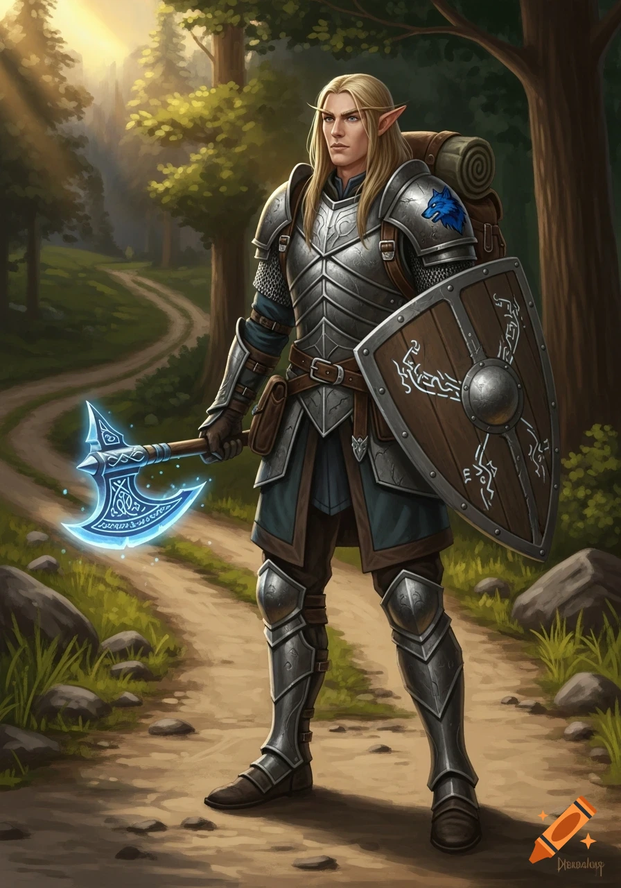 Blonde male elf fighter in splint mail with a blue wolf emblem, holding a glowing axe and shield on a forest dirt road. Fantasy art.