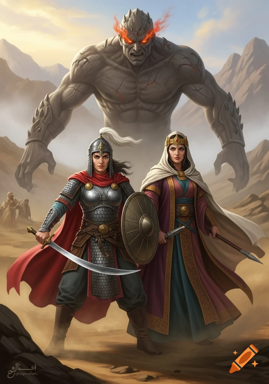 A warrior and a queen stand with weapons before a giant rock monster with glowing red eyes in a desert mountain landscape.