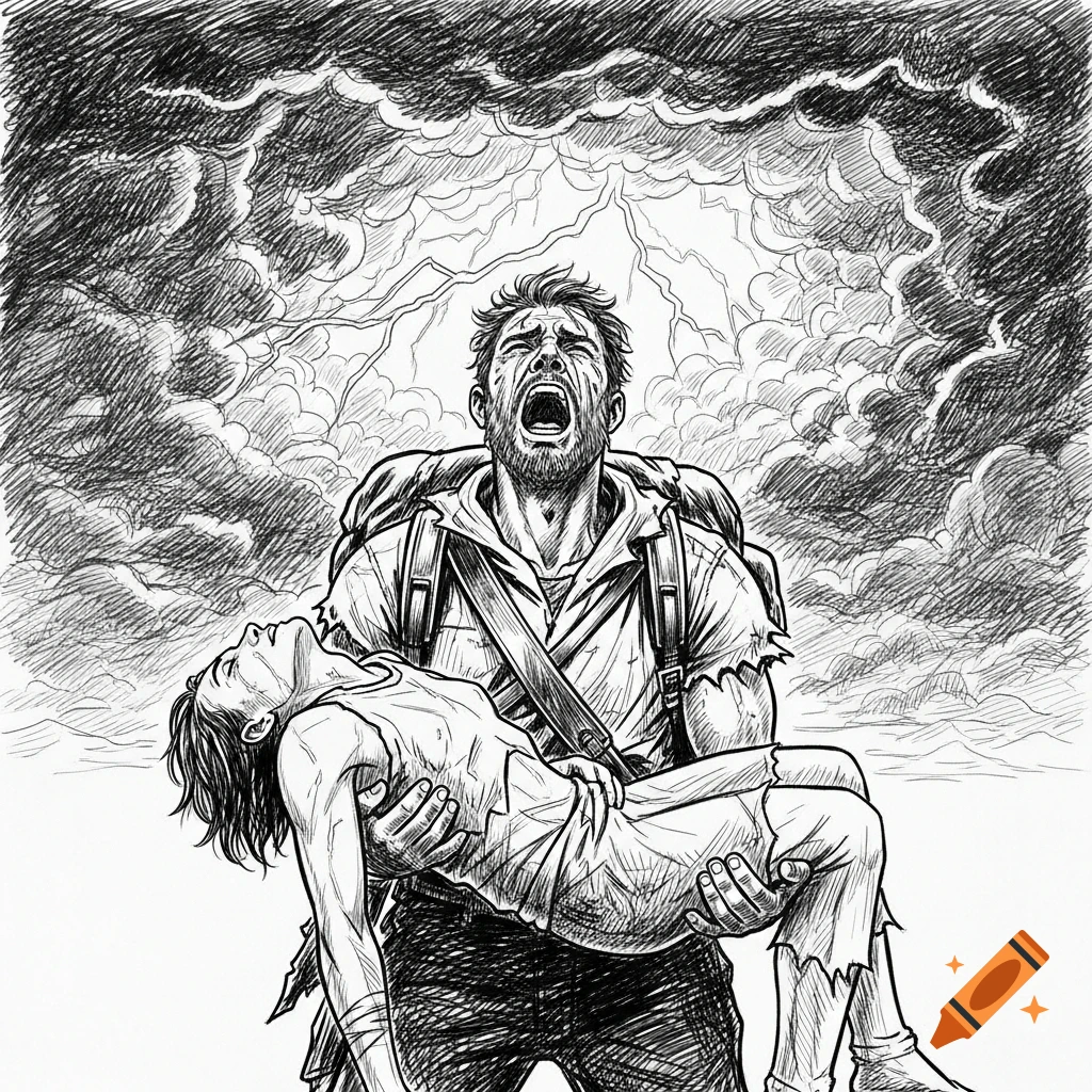 Black and white sketch of a man carrying a limp body, screaming at a stormy sky with lightning.
