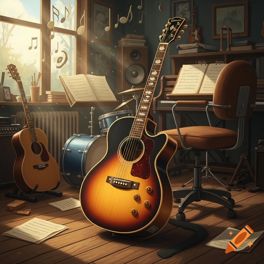 A warm, sunlit music room with a prominent sunburst acoustic-electric guitar in the foreground, two other acoustic guitars, a drum kit, a piano, and sheet music scattered on the wooden floor.