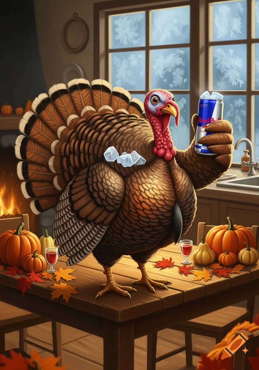 Cartoon Thanksgiving turkey stands on a table, holding a Red Bull can, with fall decorations and a snowy window background.