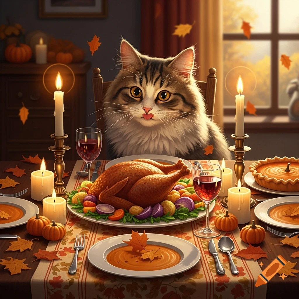 A fluffy cat sits at a Thanksgiving table with a roasted turkey, pumpkin pie, and candles, with autumn leaves falling.