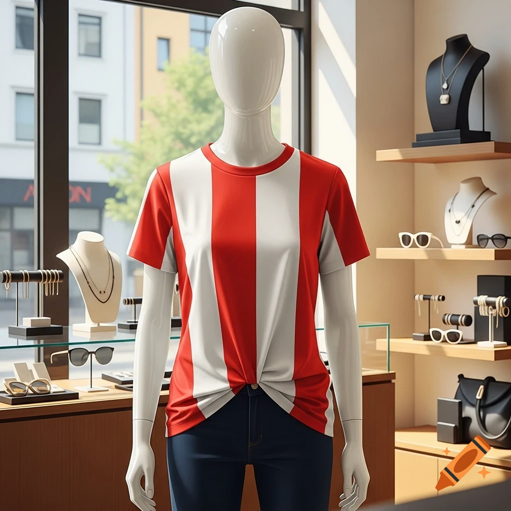 A mannequin wearing a red and white striped t-shirt and blue jeans, displayed in a well-lit store with jewelry and sunglasses on shelves.