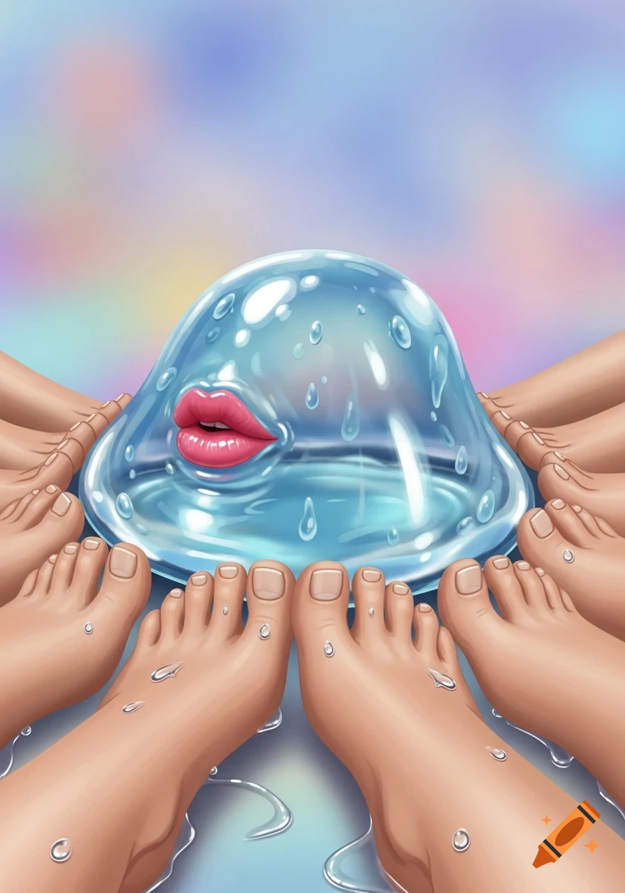 A surreal digital illustration featuring a translucent water blob with pink lips, surrounded by multiple bare feet with water droplets.