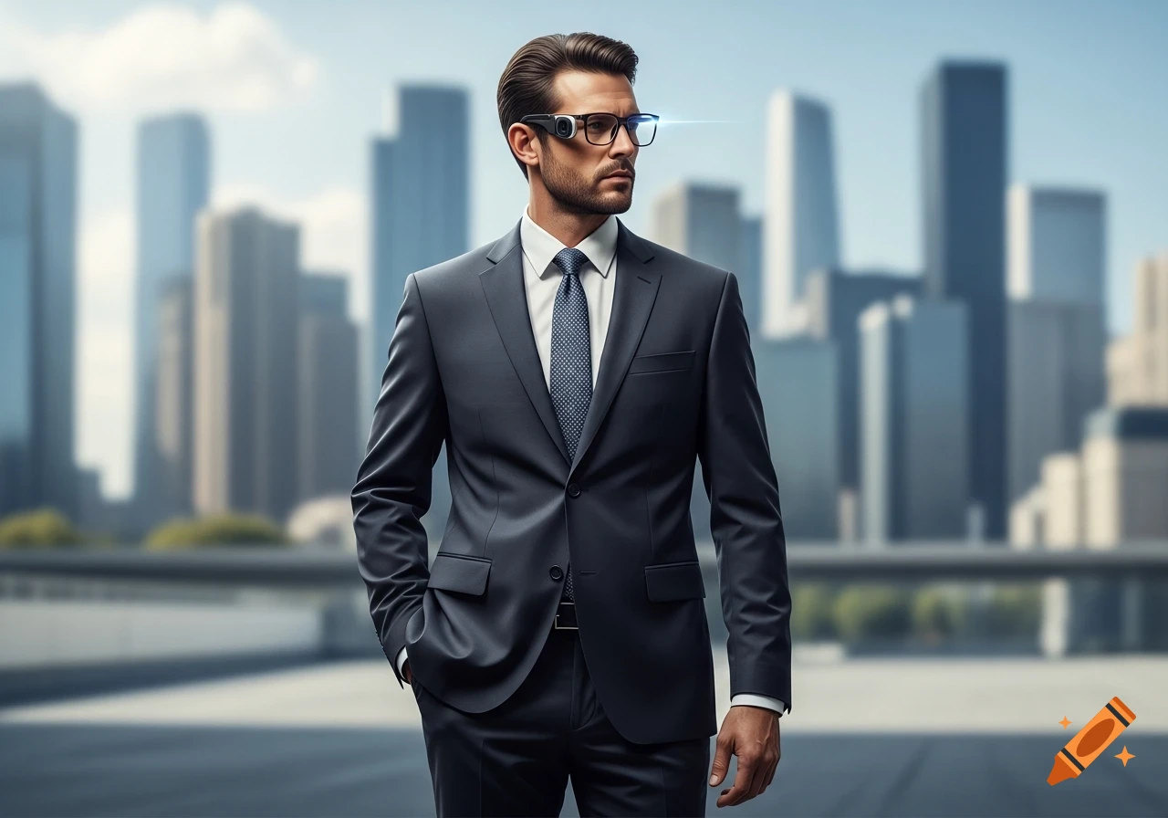 A stylish man in a dark business suit and futuristic smart glasses stands against a blurred city skyline.