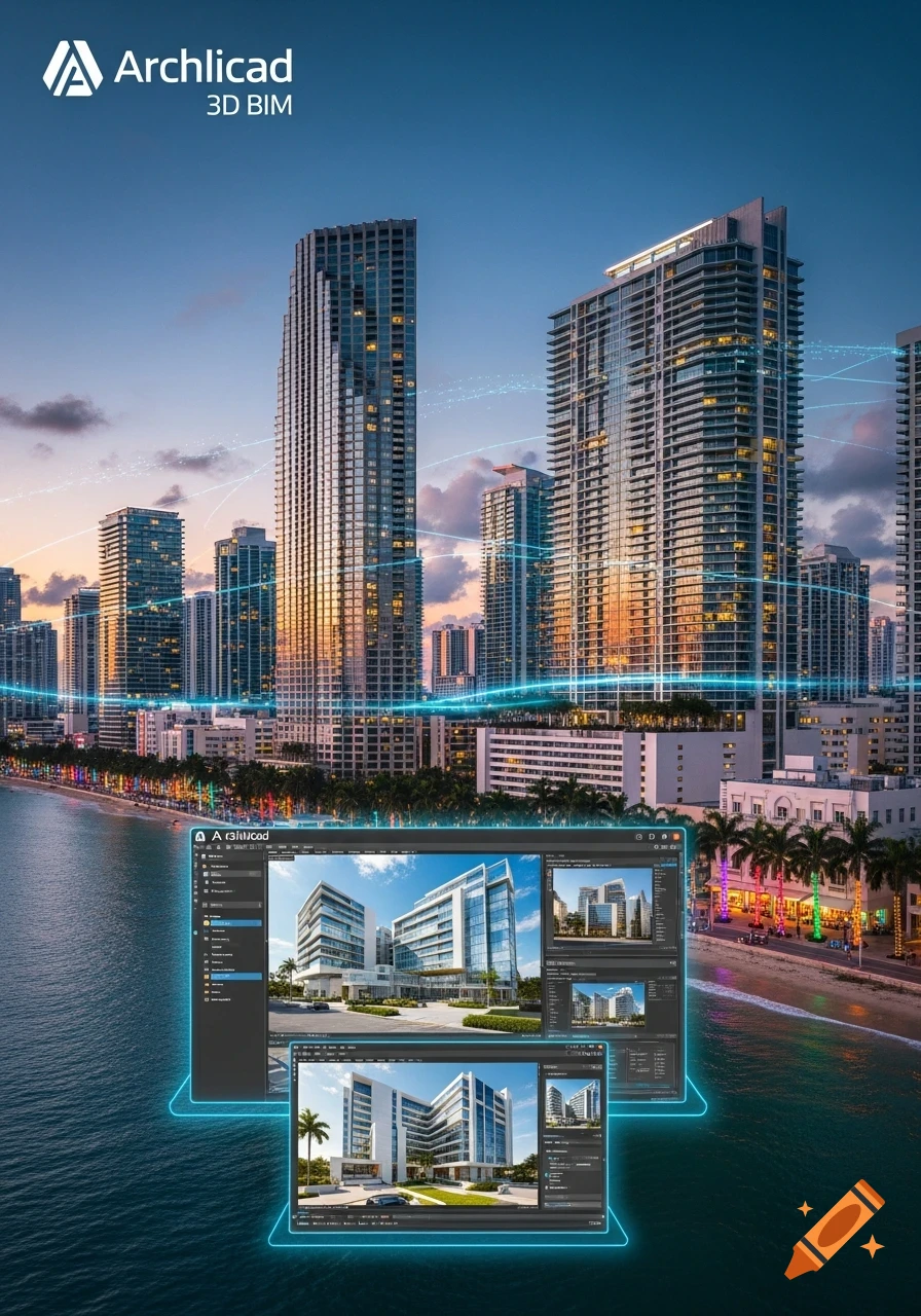 Photorealistic image of a vibrant city skyline at dusk, with several tall skyscrapers reflecting the sunset. The foreground features a software interface displaying photorealistic 3D renders of a modern white building, bordered by glowing blue lines. Archicad 3D BIM text is in the top left.
