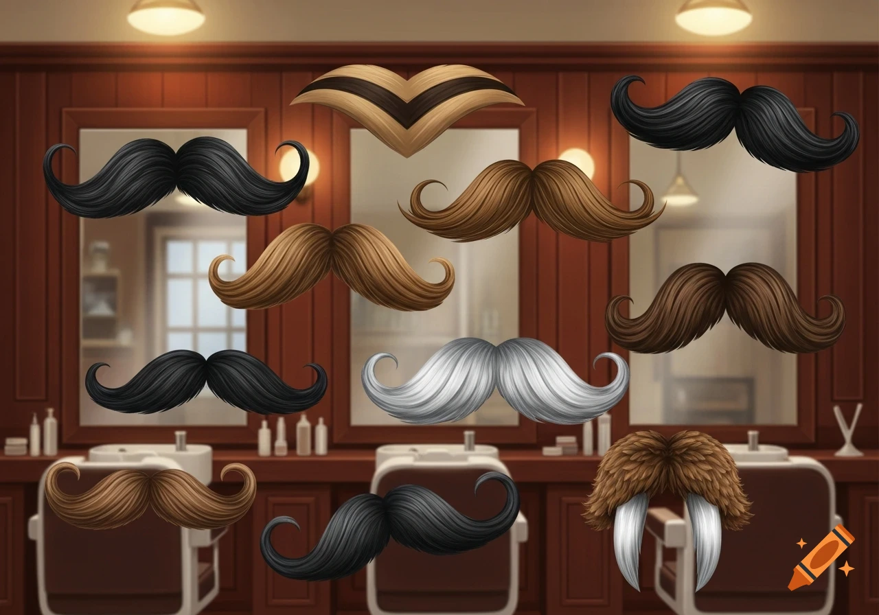 Various styles of mustaches in black, brown, and white, floating over a barbershop background with mirrors and chairs.