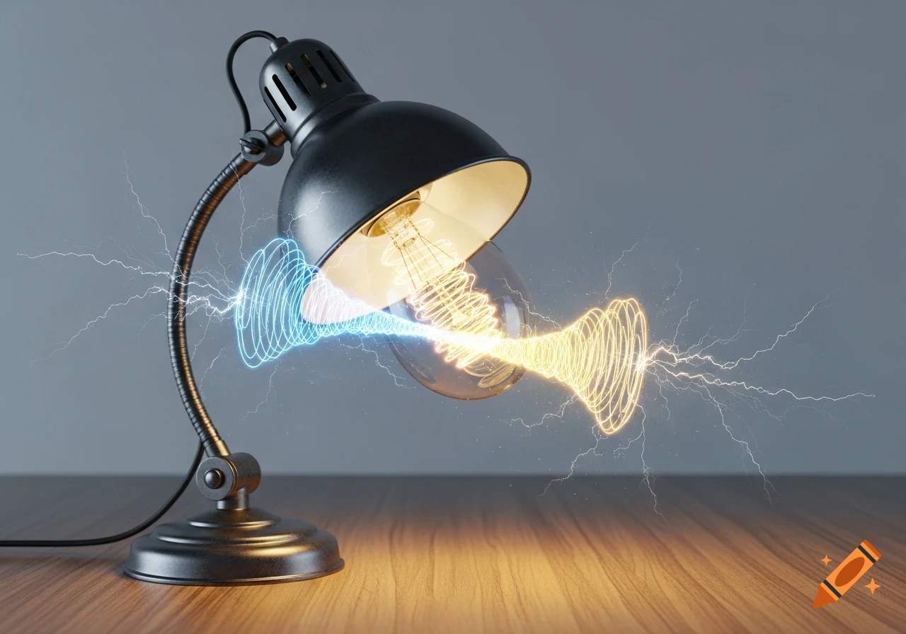 A desk lamp with a glowing bulb emanates blue and yellow energy streams and sparks, illustrating energy transformation on a wooden table.