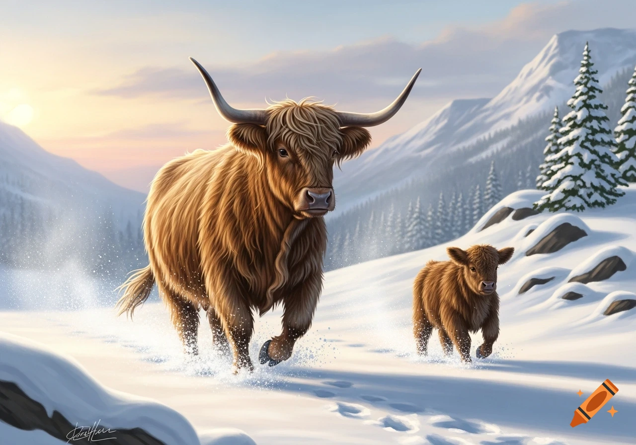 A shaggy brown Highland cow runs through deep snow with its calf in a sunny winter mountain landscape.