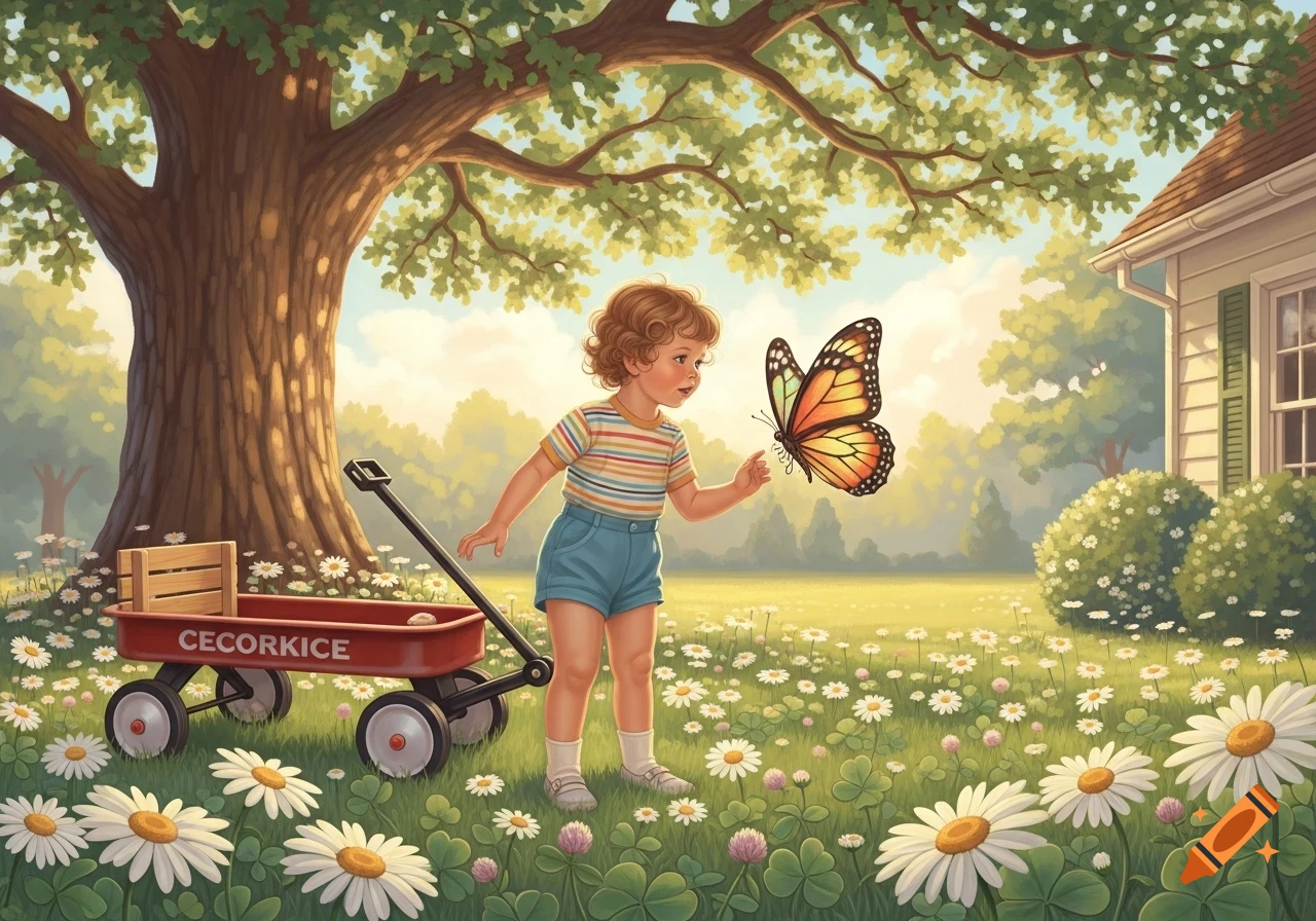 A child in a field of daisies reaches for a butterfly near a red wagon and a large tree in an illustrative style.