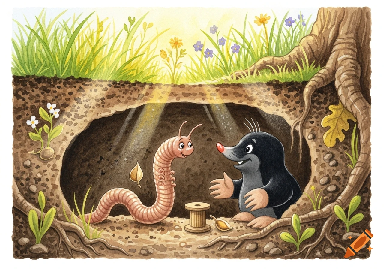 A friendly mole and a worm in an underground den, lit by sunlight, in a children's book watercolor style.