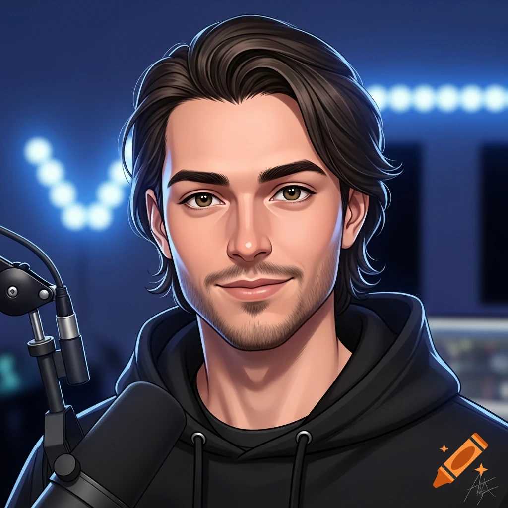 Digital art portrait of a young man with dark hair, stubble beard, black hoodie, and a microphone in a blue studio.