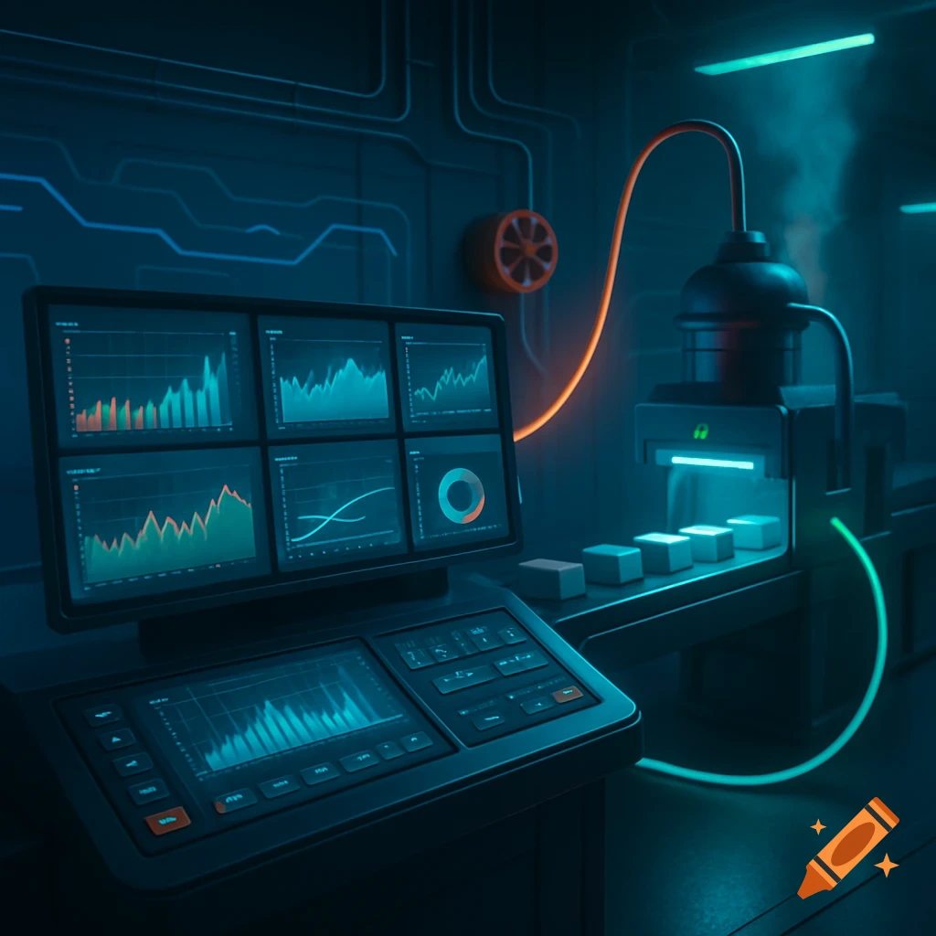 A futuristic control room with multiple screens displaying data graphs, connected to an industrial process with glowing cables.