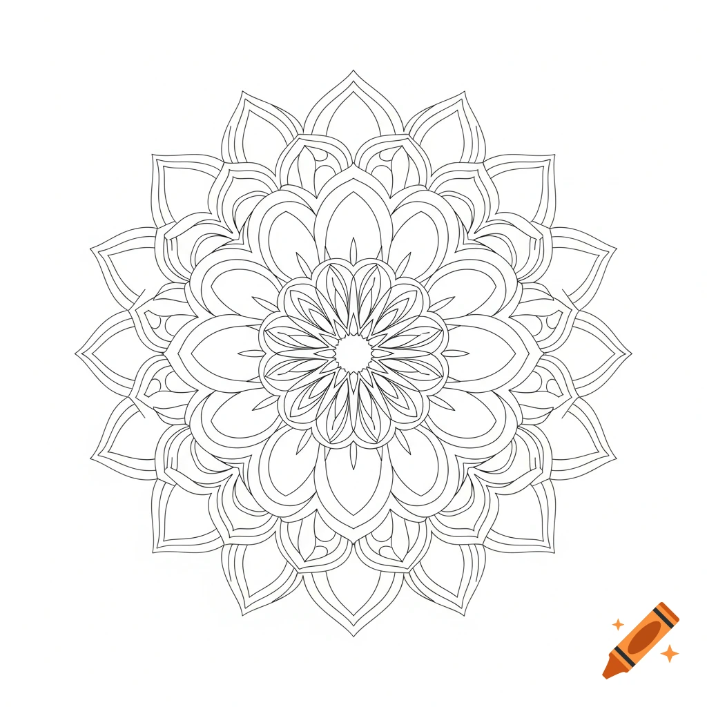 A black and white line art mandala coloring page with intricate symmetrical petal designs.