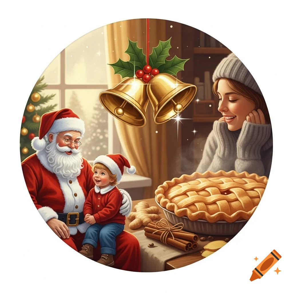 Festive illustration: Santa holds a child, a woman smiles at a pie, with jingle bells, ginger, and cinnamon in a warm Christmas scene.