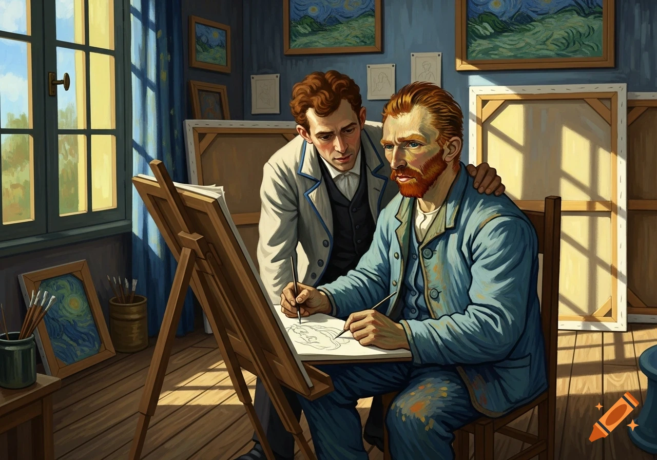 Vincent van Gogh sketches at an easel with his brother Theo looking over his shoulder in a sunlit art studio, rendered in a painterly style.