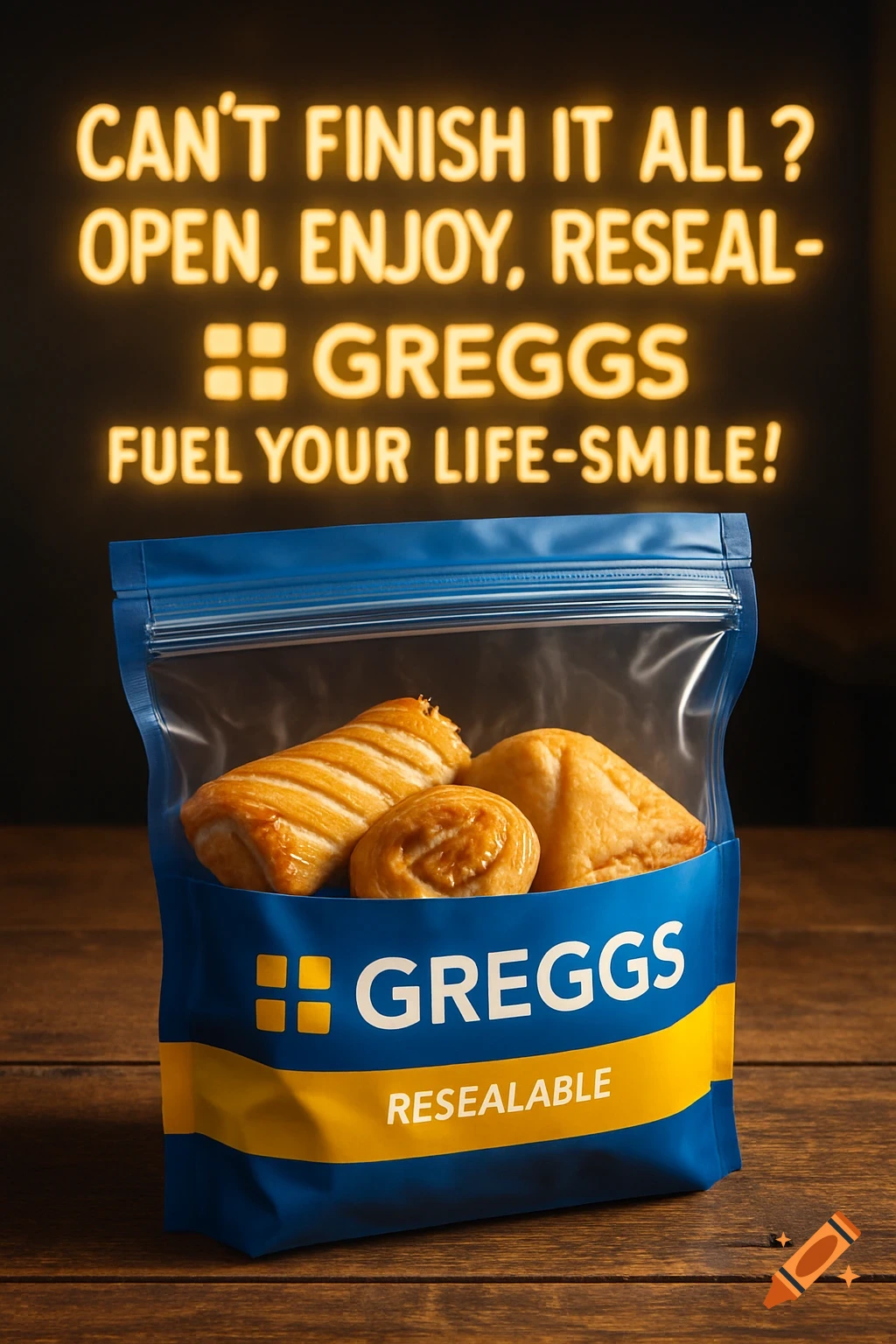 A blue and yellow Greggs resealable bag filled with pastries, against a dark background with a glowing neon slogan.