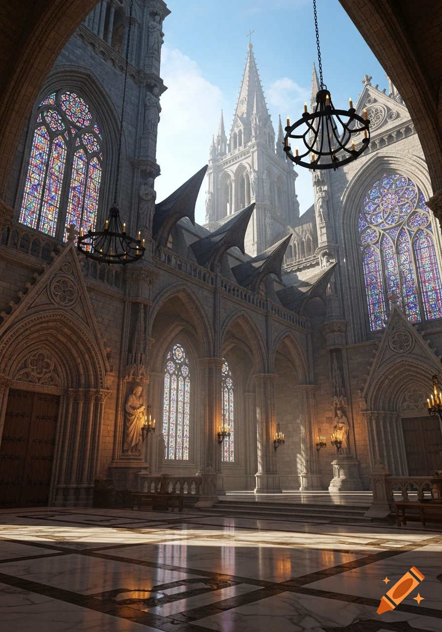 A majestic interior of a grand Gothic cathedral with high arched ceilings, ornate stained glass windows, chandeliers, and sunlit marble floors.