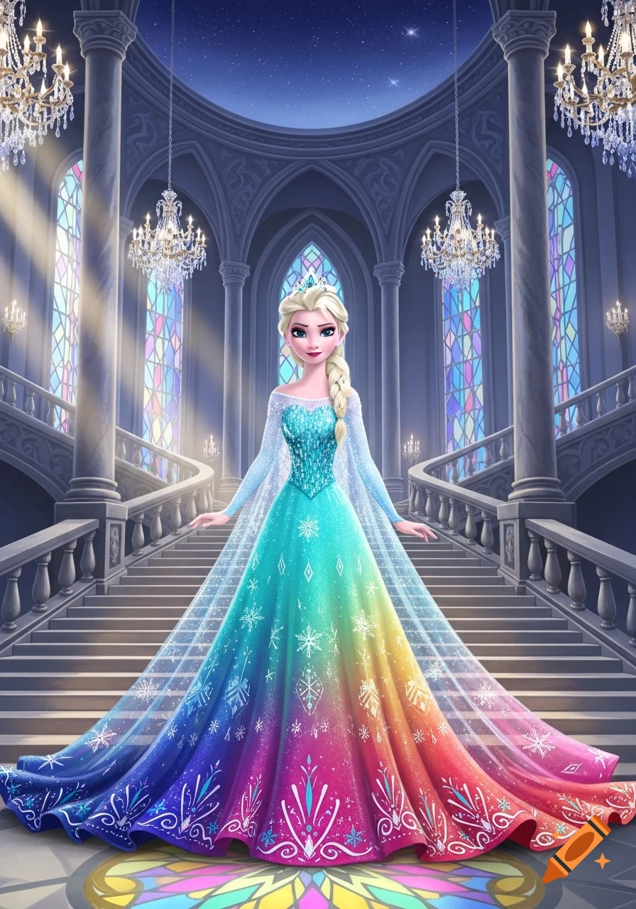 Elsa in a sparkling rainbow gown and cape stands at the bottom of a grand staircase in a majestic castle hall with chandeliers and stained glass.