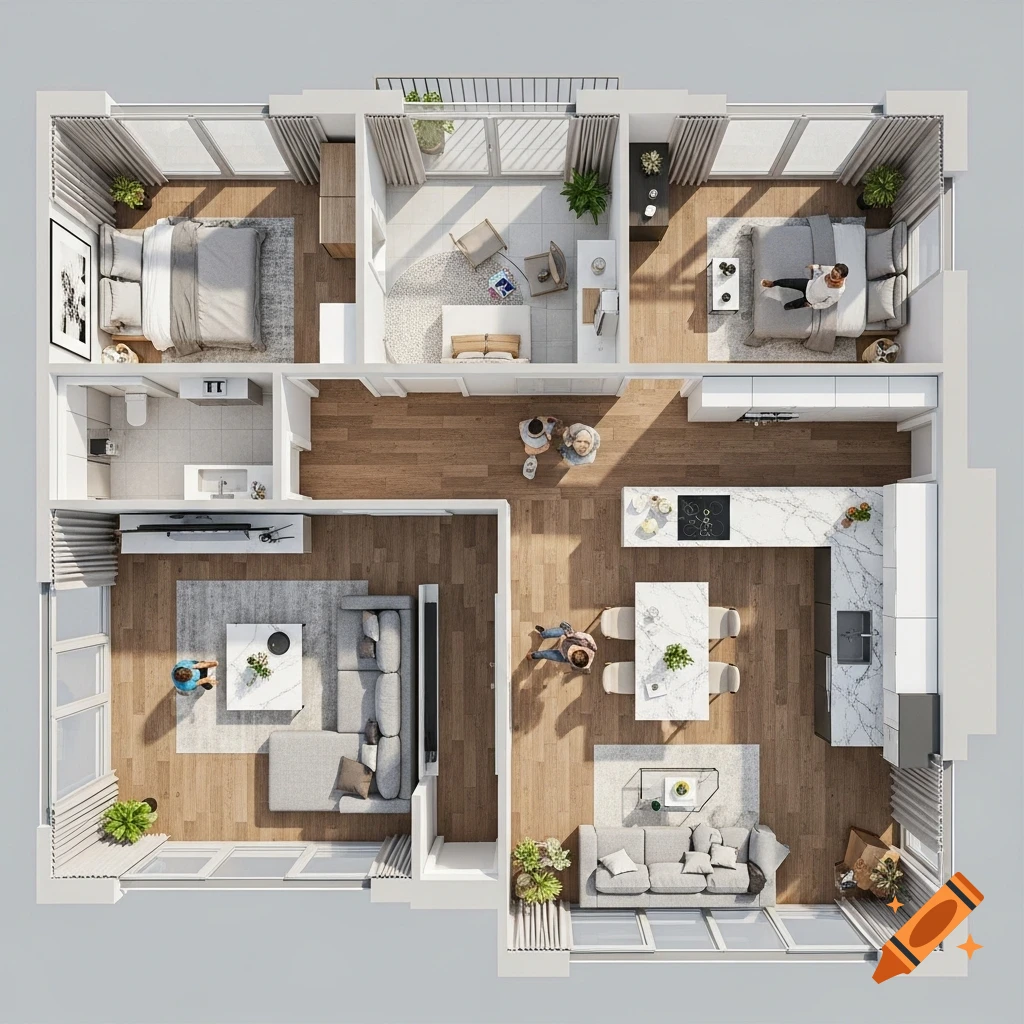 3D bird's eye view rendering of a modern apartment floor plan, showing multiple rooms, furniture, and small figures of people.