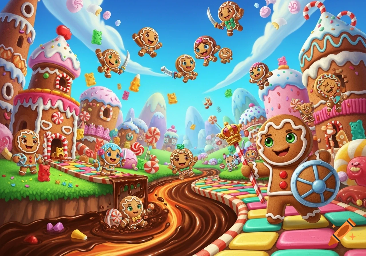 Vibrant cartoon candy land with smiling gingerbread characters, candy houses, a chocolate river, and a colorful path under a blue sky.