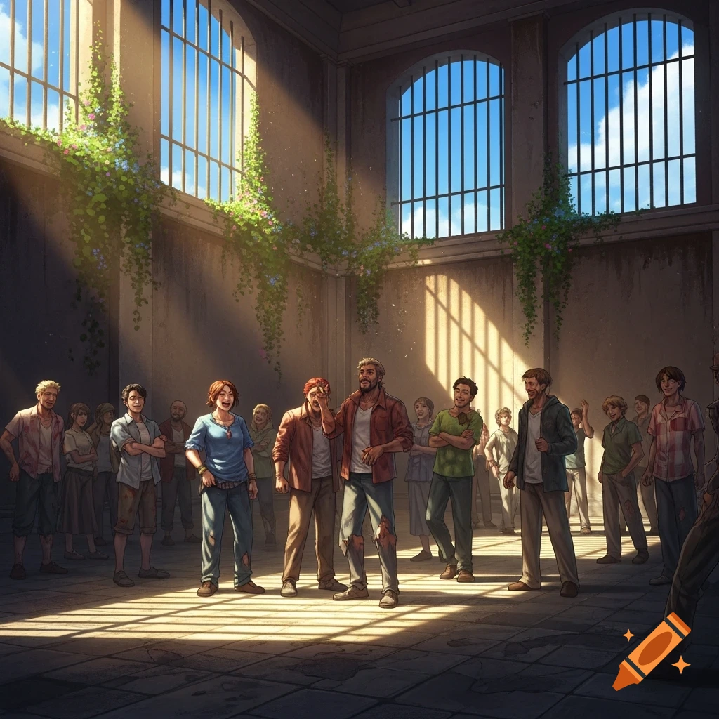 A diverse group of smiling people stand in a sunlit, decaying hall with tall barred windows and overgrown vines, in an illustrative style.