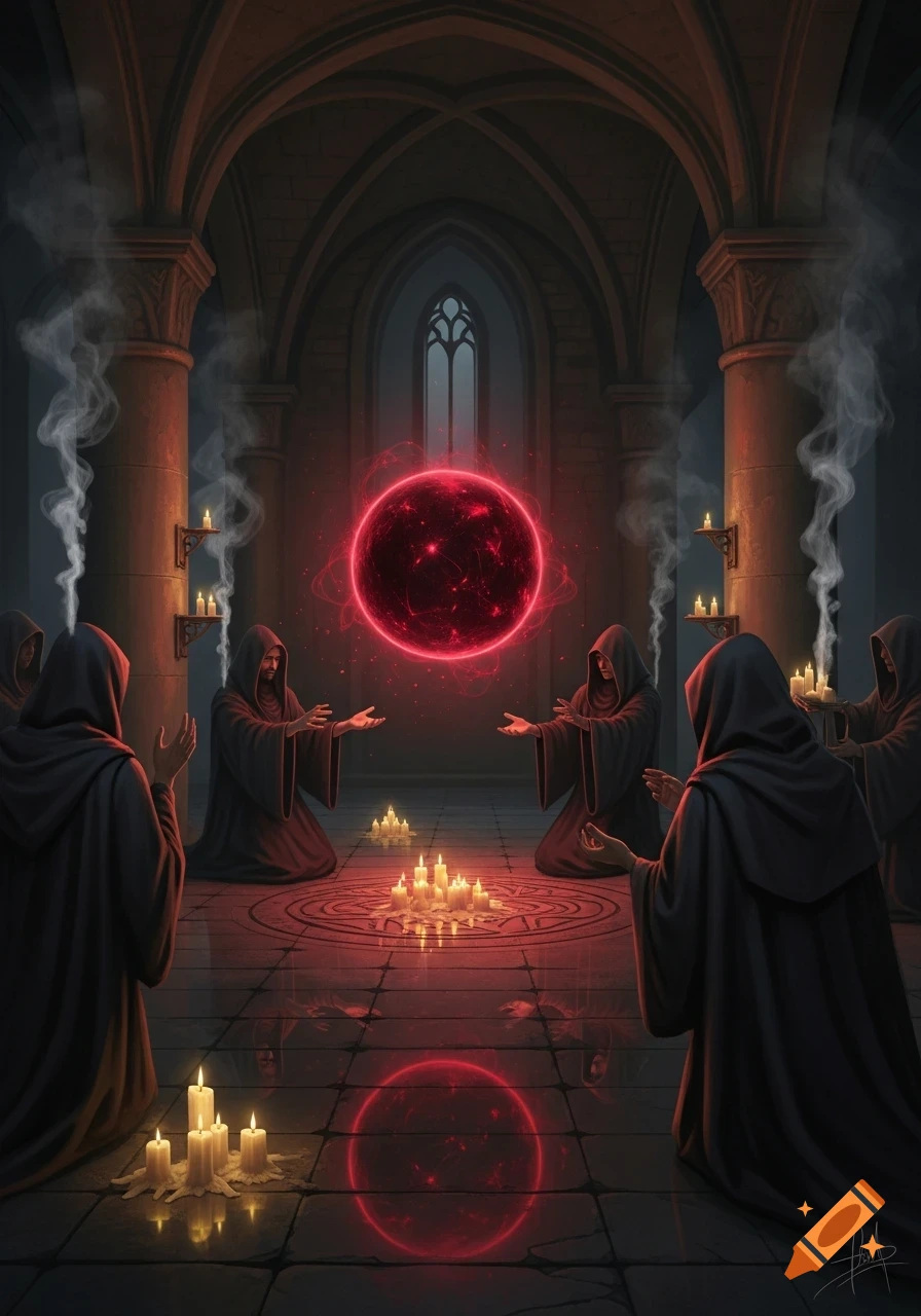 Cloaked figures in a gothic temple performing a ritual around a glowing red sphere, surrounded by candles and smoke.