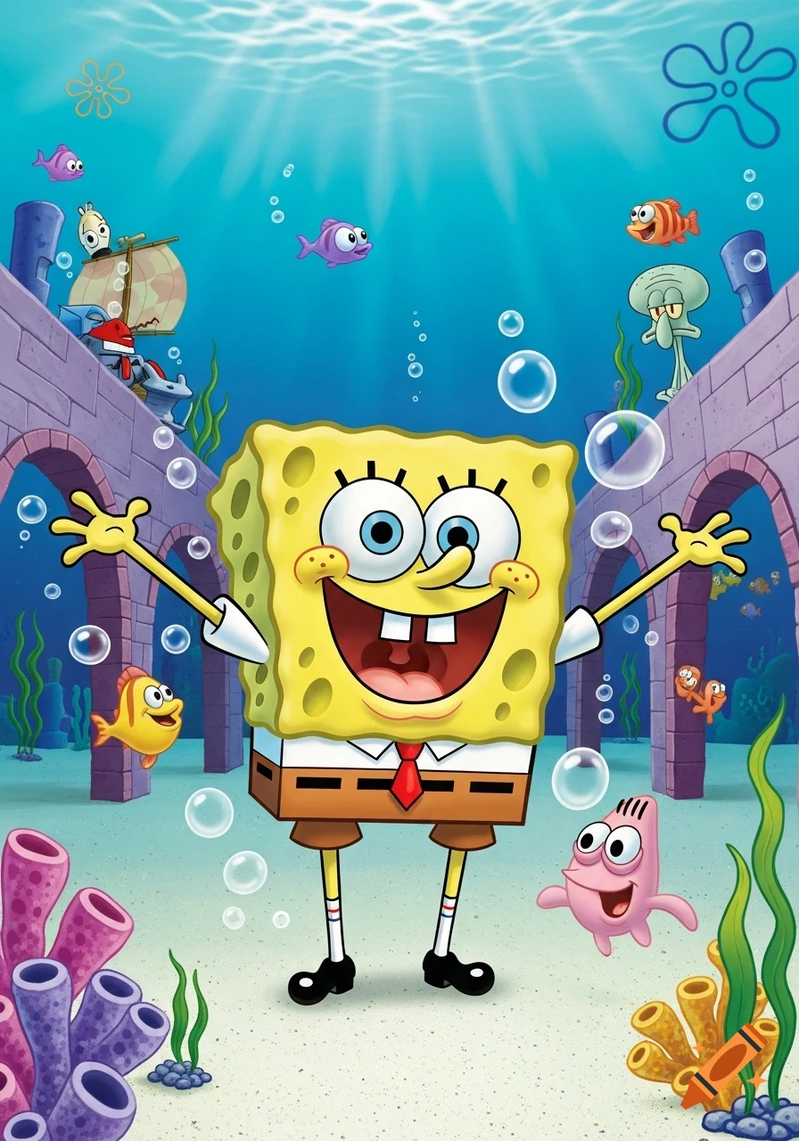 SpongeBob SquarePants with open arms and a wide smile, surrounded by Patrick, Squidward, fish, and coral in a vibrant underwater scene.