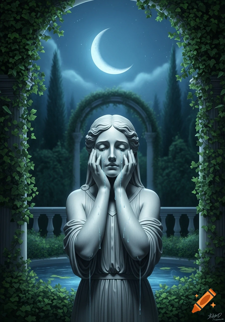A detailed art image of a crying stone statue of a woman with hands on her face, in a dark, ivy-covered garden under a crescent moon.