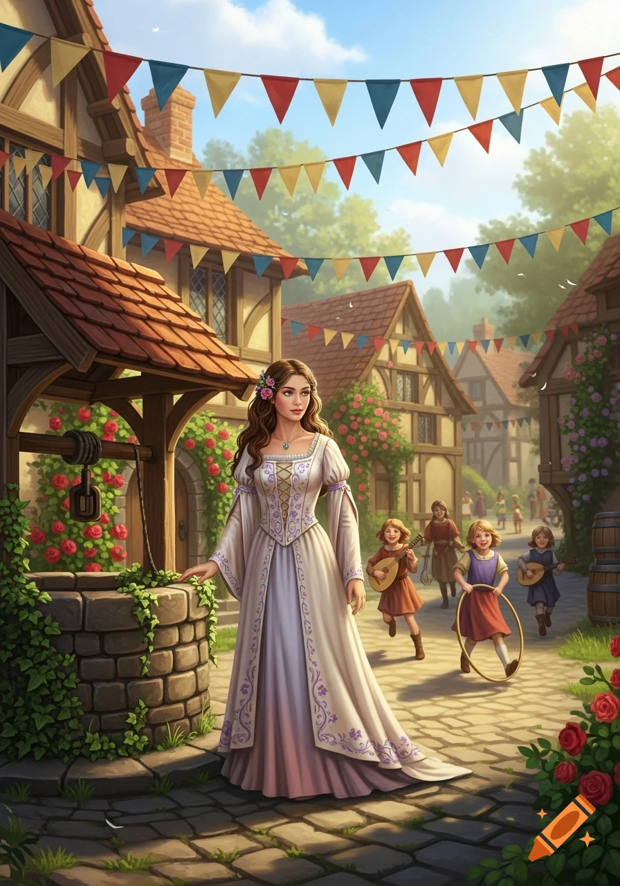 A woman in a white gown stands by a stone well in a festive medieval village as children play with instruments and a hula hoop.