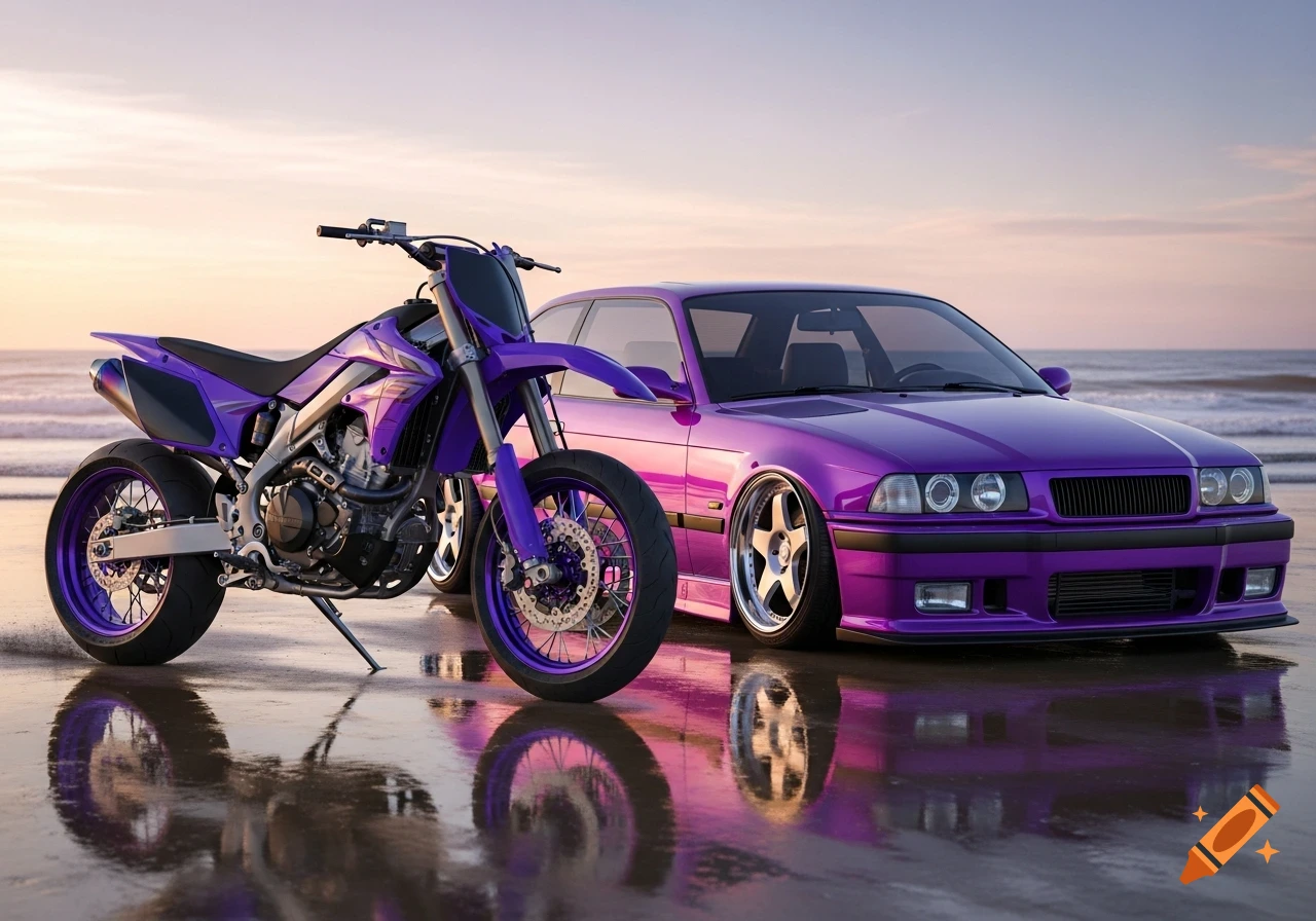 A customized purple dirt bike and a low-slung purple BMW E36 car parked on a wet beach with ocean and sunset sky.