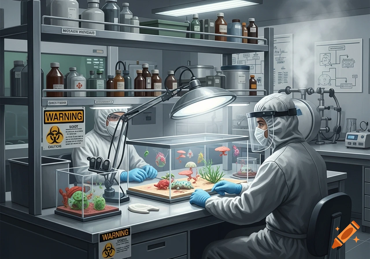 Two scientists in hazmat suits and face shields work in a sterile laboratory with biohazard warning signs, examining specimens under a lamp.