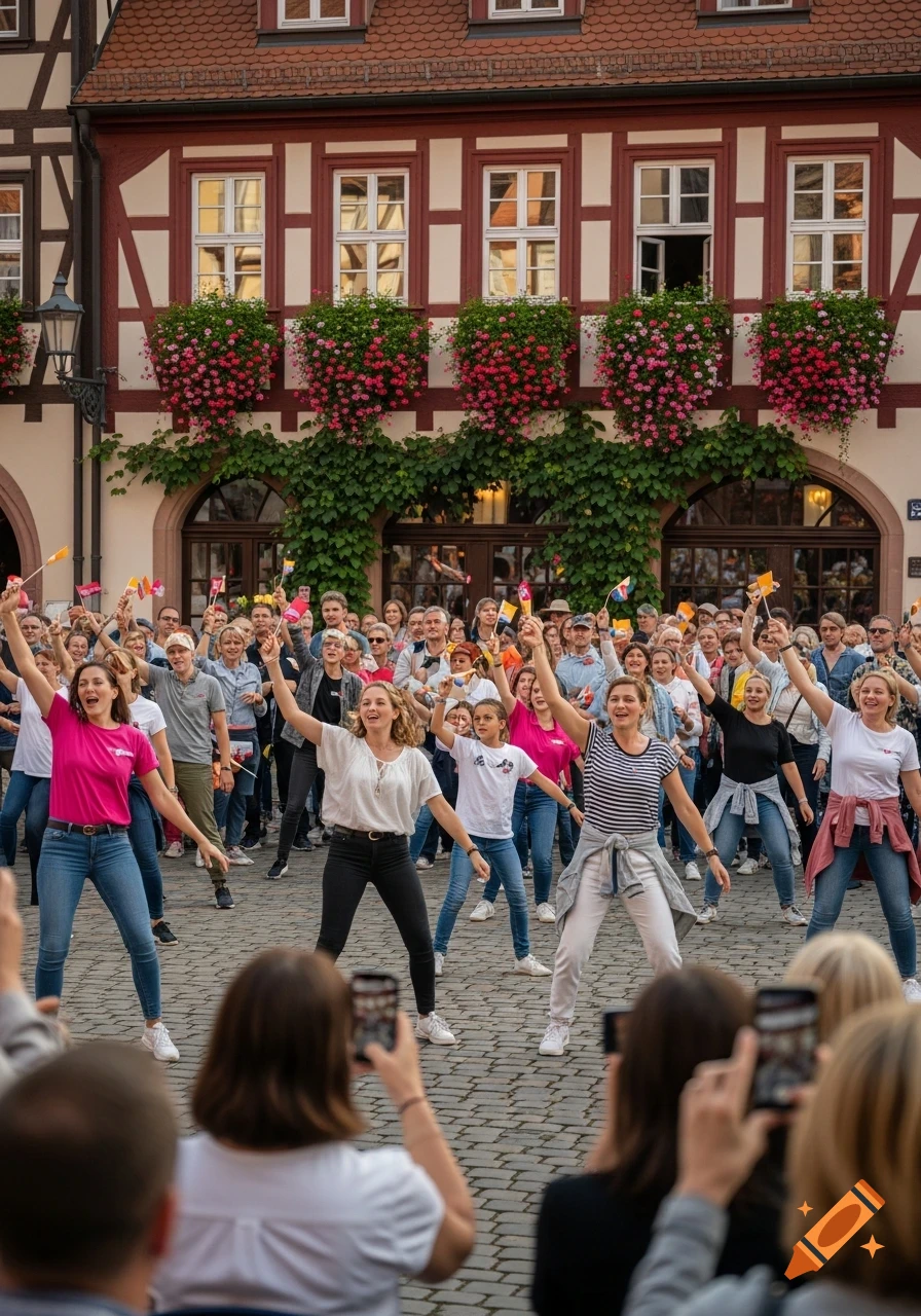 A large crowd of people, including many women, dance in a paved square in front of a half-timbered building adorned with flowers. Many wave small flags.
