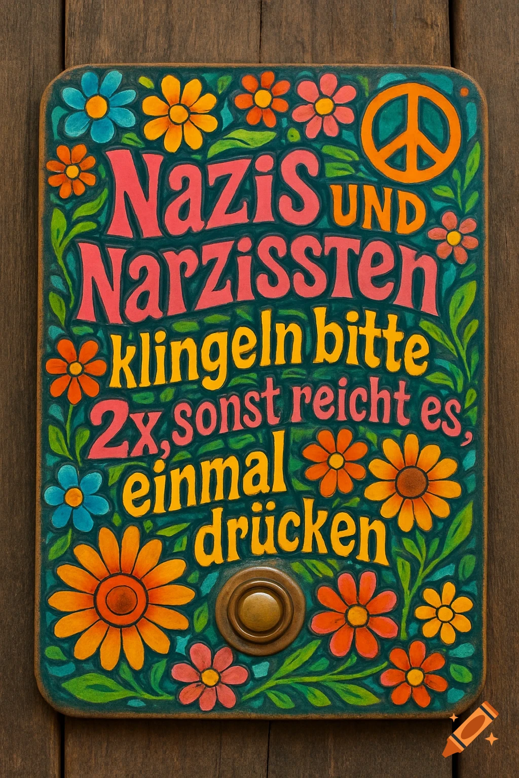A vibrant retro flower power style door sign on wood, featuring a peace symbol, colorful flowers, and anti-Nazi text.