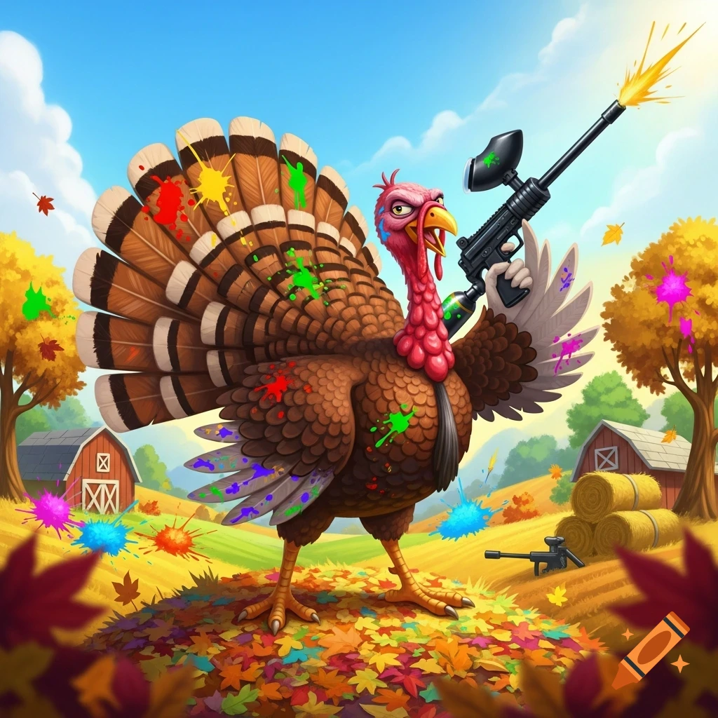 A colorful, cartoon turkey holding a paintball gun, standing in an autumn field with paint splatters and falling leaves.