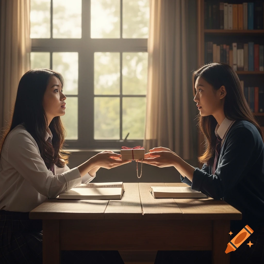 Two East Asian teenage girls in a school library, one giving the other a small gift box, with soft light streaming in. Photorealistic style.