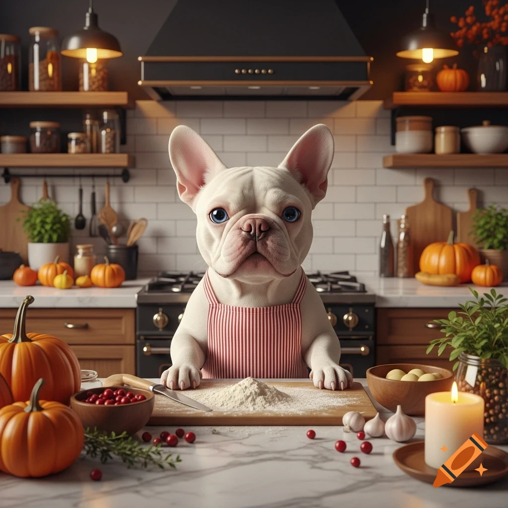 A photorealistic albino French bulldog in a red-striped apron stands at a kitchen counter with flour, pumpkins, and cranberries, cooking for Thanksgiving.