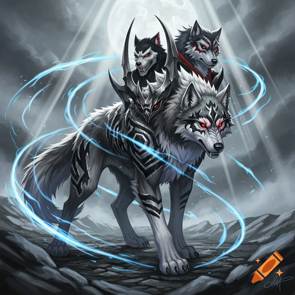 A multi-headed wolf creature with tribal markings and red eyes stands on rocky ground under a full moon, surrounded by blue energy, in a digital art style.