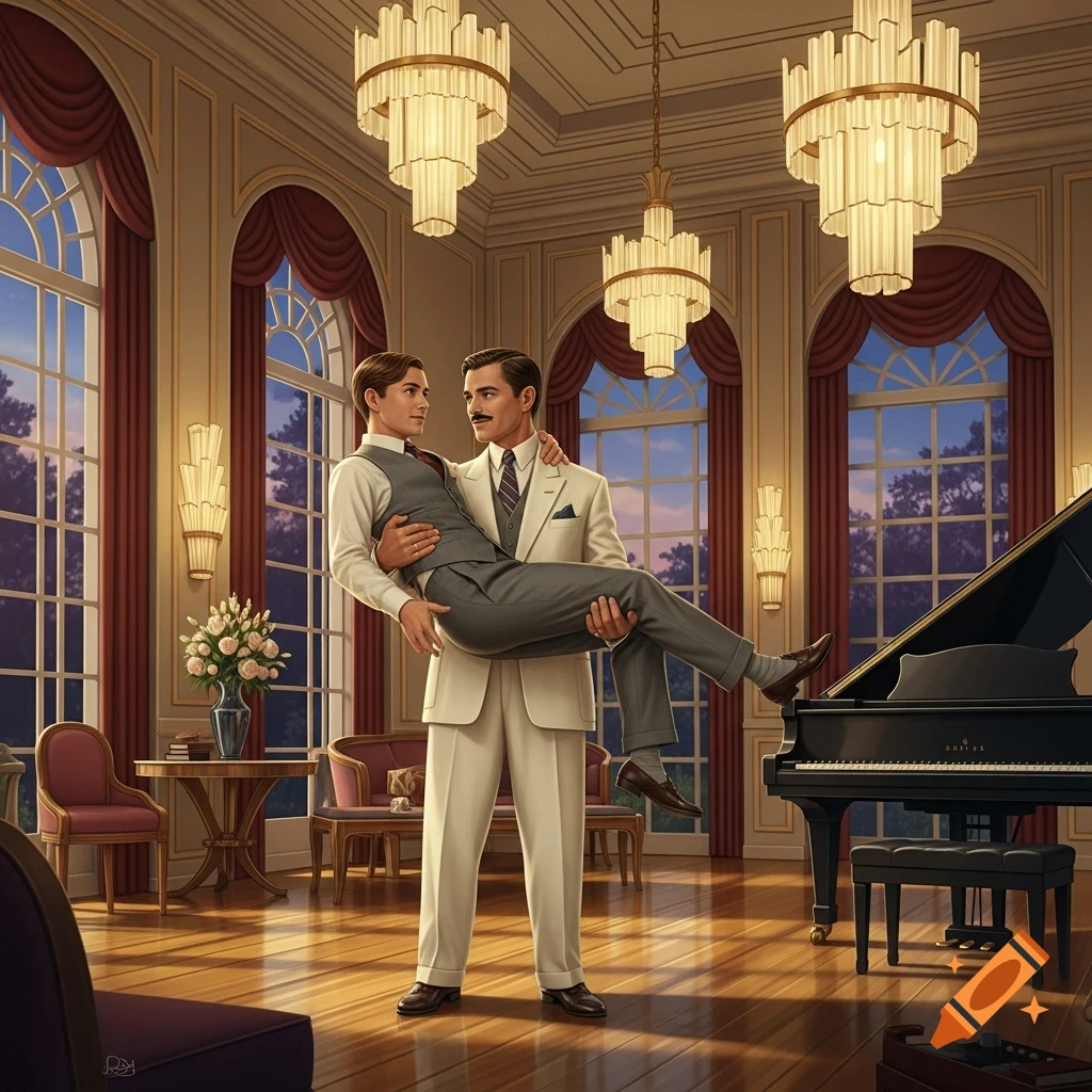 A dapper man in a cream suit carries another man in a grey suit through an opulent Art Deco ballroom with chandeliers and a piano.