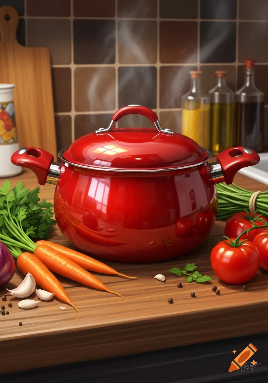Vibrant red cooking pot surrounded by fresh carrots, tomatoes, onion, garlic, and spices on a wooden kitchen counter.