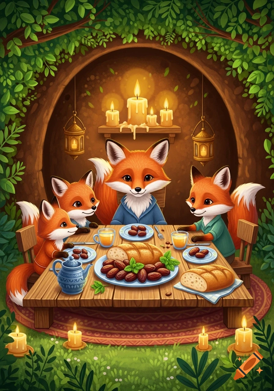 A fox family shares a breakfast of dates and bread in a cozy candlelit den, depicted in detailed storybook art.