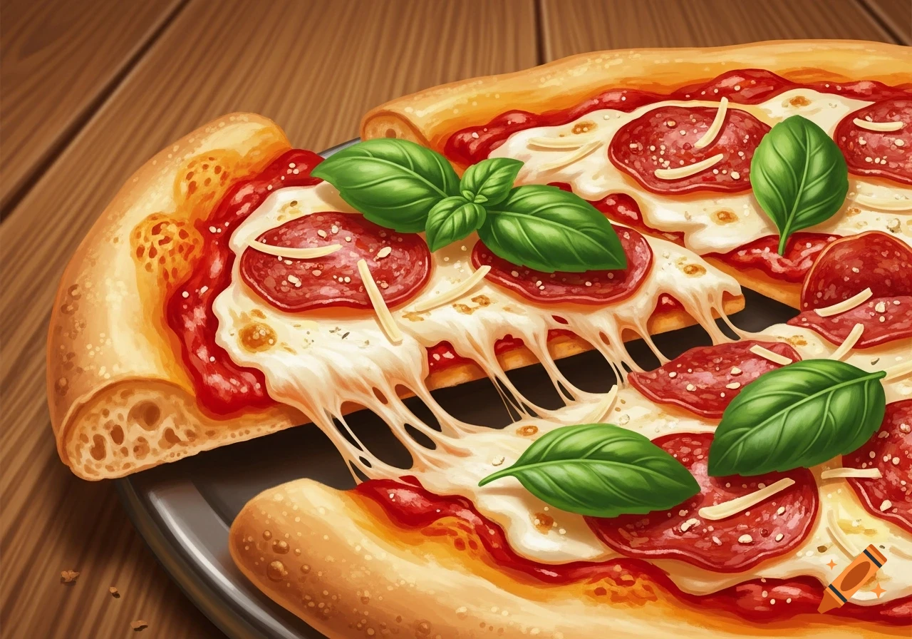 Close-up of a pepperoni and basil pizza slice being lifted, showing melted, stretching cheese, on a wooden table.