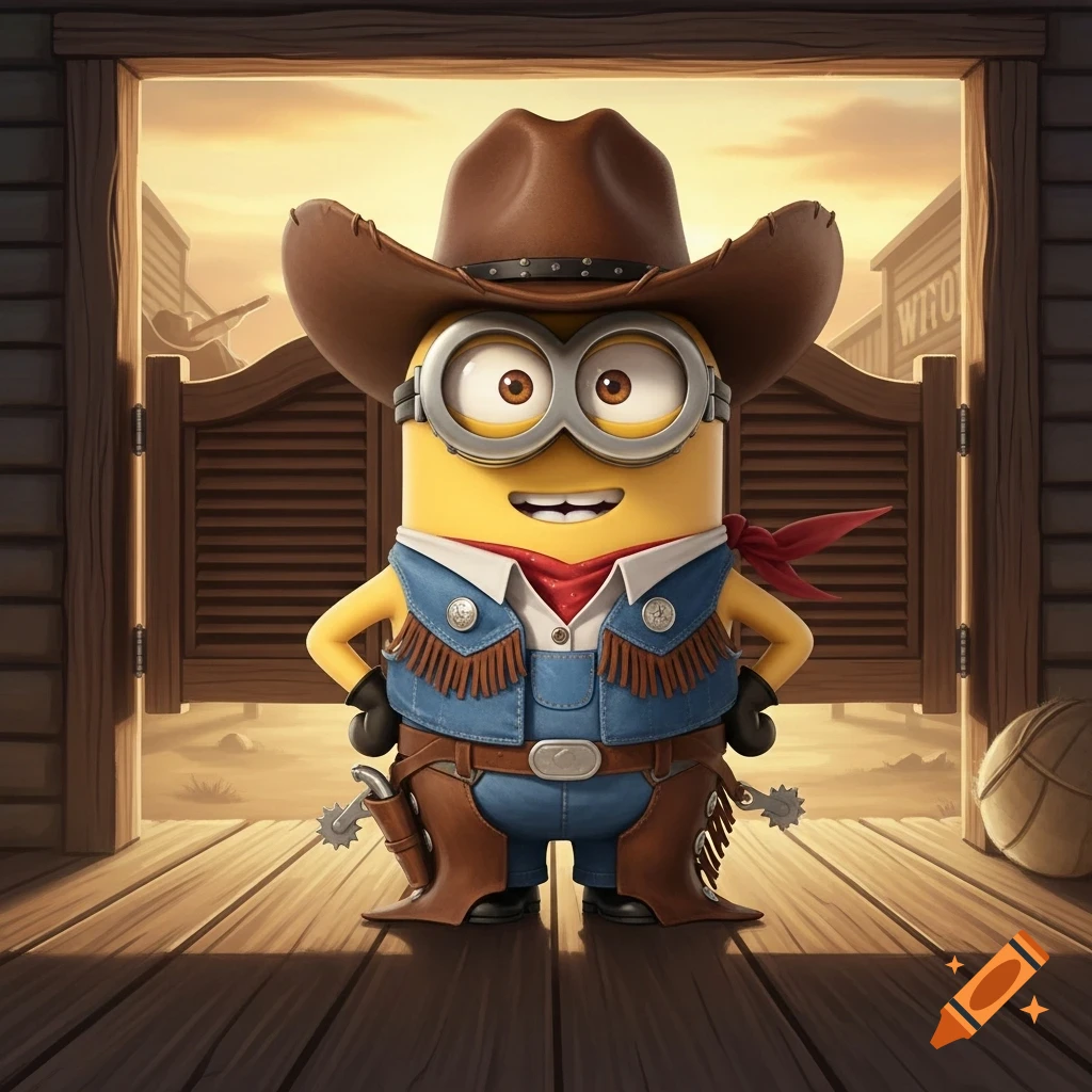 A smiling Minion character dressed as a cowboy, wearing a brown hat, blue vest with fringes, red bandana, and chaps, stands in saloon doors at sunset in a detailed cartoon style.