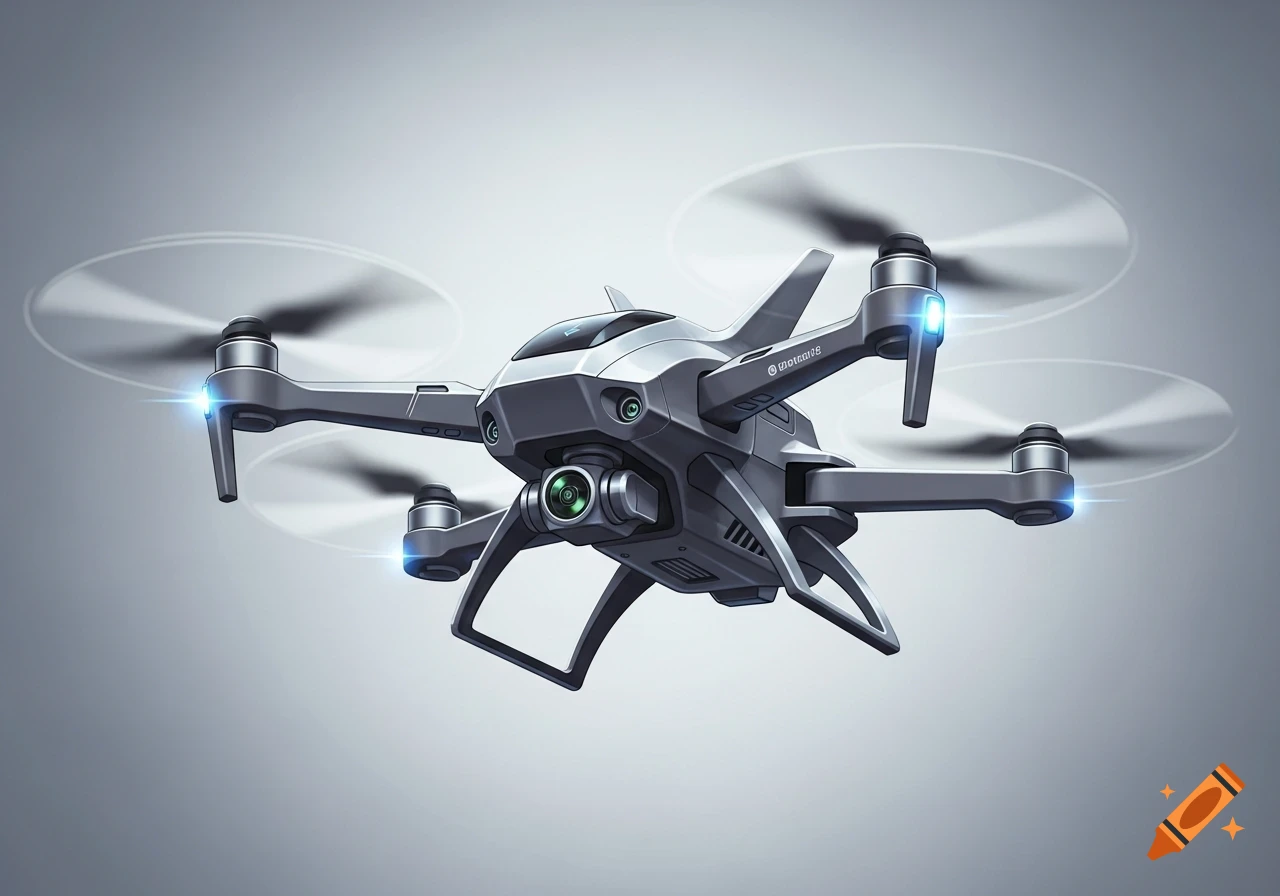 A sleek, modern gray drone with a camera, blue lights, and spinning propellers hovers against a light gray background.