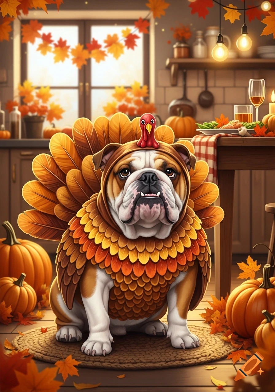 An English Bulldog in a turkey costume sits in an autumn kitchen surrounded by pumpkins and fall leaves, in a vibrant illustration.