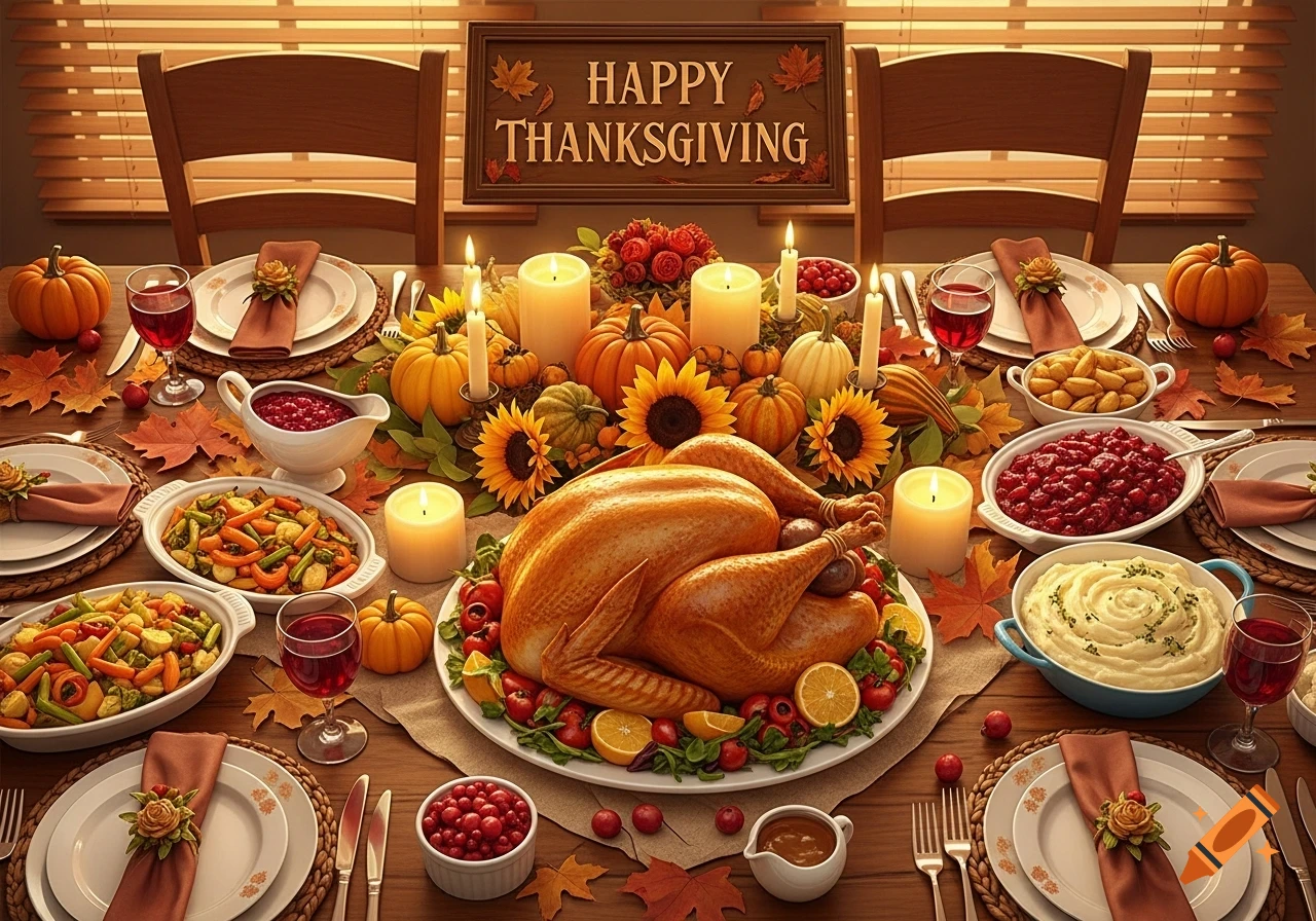 A warm, photorealistic Thanksgiving dinner table with a roasted turkey, many side dishes, candles, and autumn decor, under a 'Happy Thanksgiving' sign.