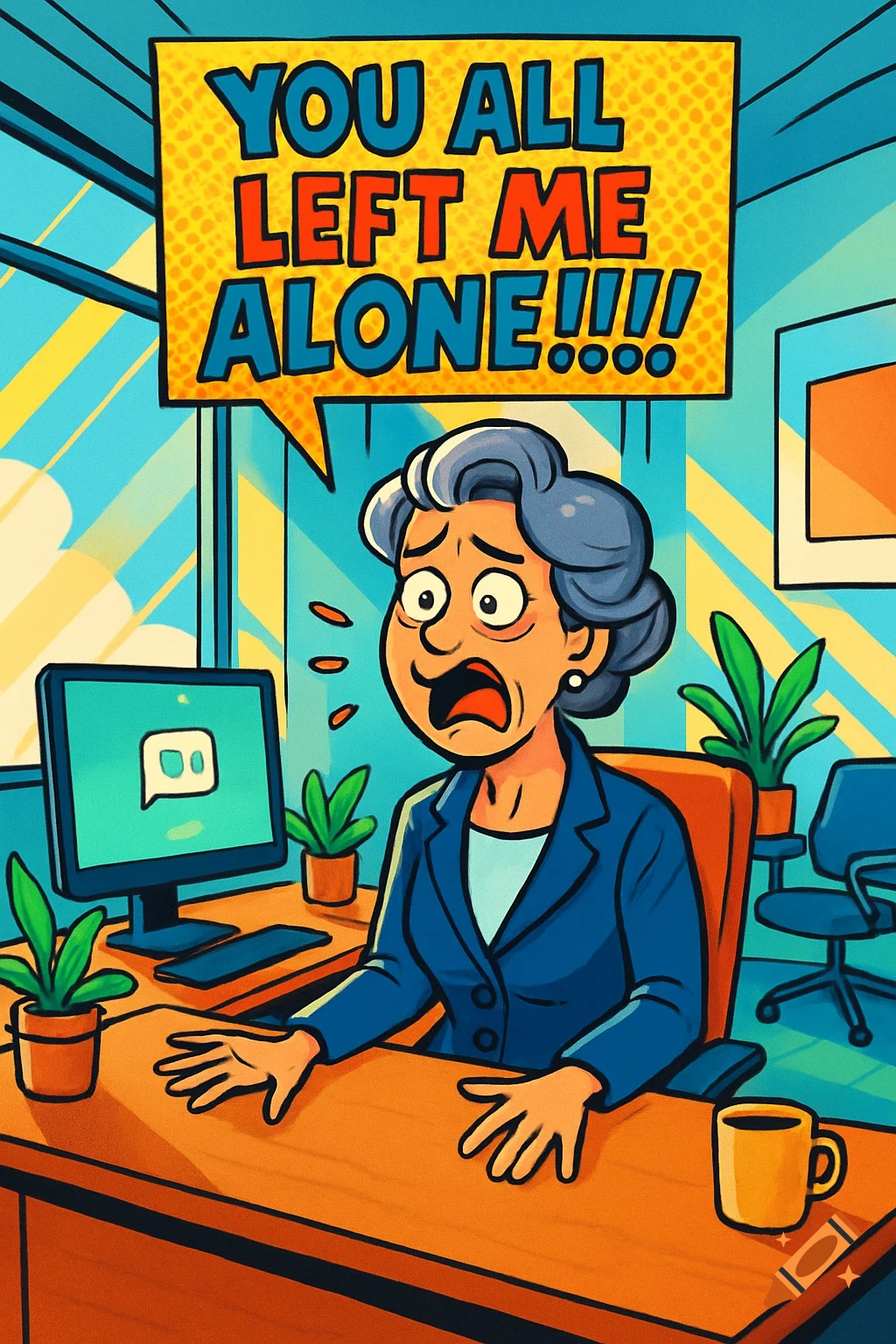 A cartoon image of a distressed older woman sitting at an office desk, with a speech bubble saying 'YOU ALL LEFT ME ALONE!!!!'