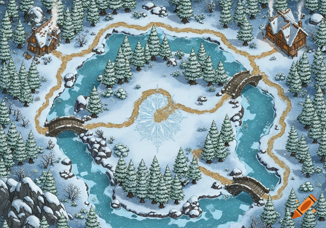 An illustrated 2D top-down winter map with snow-covered trees, cabins, icy rivers, stone bridges, and snowy paths around a central snowflake.